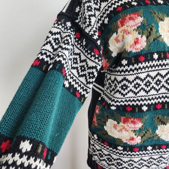 Vintage 90s Express Tricot Knit Sweater Floral Fair Isle Mock Neck Whimsigoth M - Picture 4 of 10